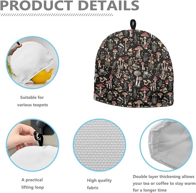 Mushroom Forest Tea Cozy Protective Tea Pot Keep Warm Cover Insulated Teapot Cover with Top Handy Loop Domed Tea Cosies
