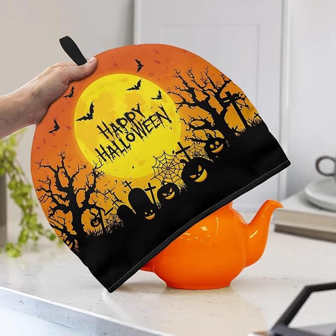 Happy Halloween Tea Cosy for Teapot with Handle Kitchen Kettle Dust Cover for Keeping Warm Machine Washable Tea Cosy Fabric Quilted Padding