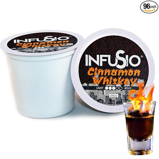 InfuSio Coffee Pods 96 Count Cinnamon Whiskey Flavored Medium Roast Single serve Coffee pods for Keurig K Cups Brewers - InfuSio Premium Roasted Keurig 2.0 Compatible