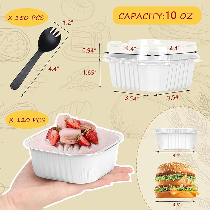 LNYZQUS 120pack/10oz Mini Cake Baking Pans with Lids, 4?�X4??Small Cake Pan Foil Brownie Tins, Square Disposable Ramekins Cupcake Baking Cups Dessert Cheesecake Containers-White