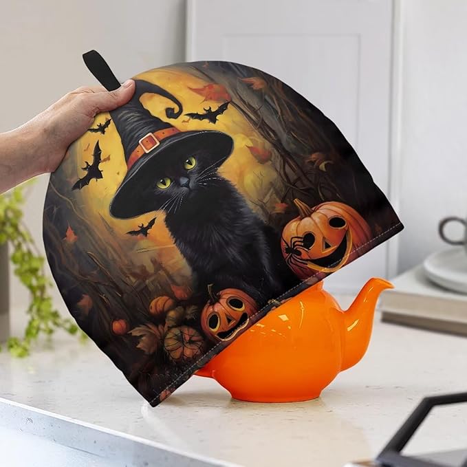 Black Cats Tea Cozy for Teapot Insulated Reusable Kettle Cover Breakfast Warmer Pumpkins Tea Pot Cozy for Keeping Warm All Saints' Eve Thick Teapot Dust Protector