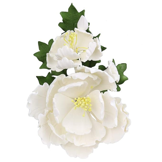 O'Creme Gumpaste Flower Spray, White Peony - Edible Flowers for Cake Decorating - Sugar Paste Flower Decorations for Cakes, Candy, Cupcake Toppers - Birthday Party, Wedding, Baby Shower