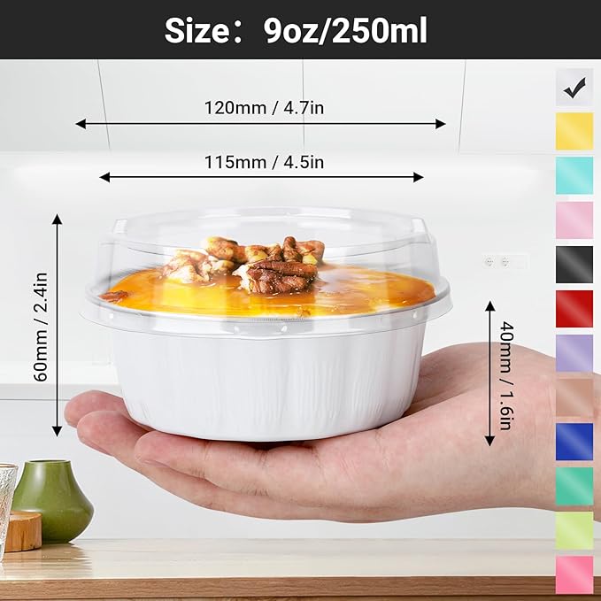 EUSOAR Deli Containers with Lids, 100pcs 9oz White Foil Cupcake Liners for Baking, Disposable Ramekins Pie Cupcakes Bread Pudding Loaf Round Holders Aluminum Pans for Wedding Birthday Theme Party