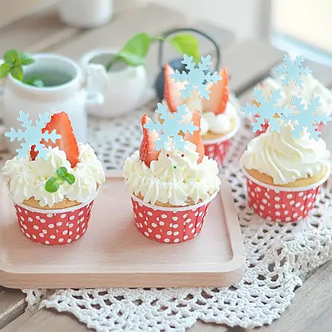 Rsstarxi 50 Pack Edible Snowflake Cake Toppers Snowflakes Cake Decorations Winter Frozen Snowflake Cupcake Toppers for Winter Theme Baby Shower Birthday Party Cake Decorations Blue
