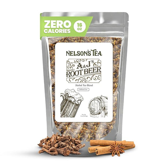 Nelson's Tea A&J's Root Beer - Sarsaparilla Root Herbal Loose Leaf Tea - A Harmonious Blend of Flavorful Ingredients like Sarsaparilla, Burdock Root, Birch Bark, and More! (16 oz)