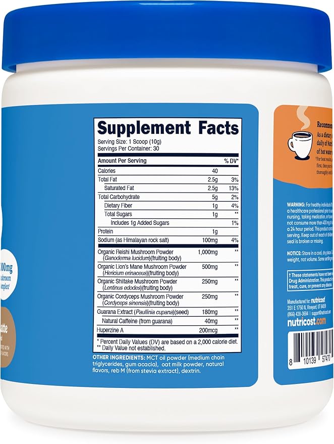 Nutricost Nutrizen AM Focus Adaptogenic Mushroom Drink (Cafe Latte Flavored) 30 Servings - Includes Reishi, Lion's Mane, Shiitake, Cordyceps