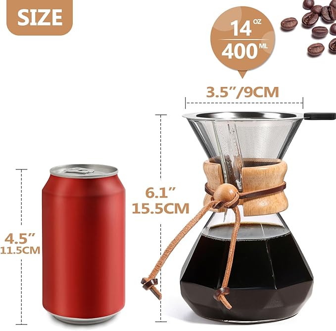 Pour Over Coffee Maker 14 OZ, 4 Cup Borosilicate Glass Drip Coffee Maker with Reusable Stainless Steel Filter and Cork Grip for Home Caf챕 400 ML (Diamond Shape)