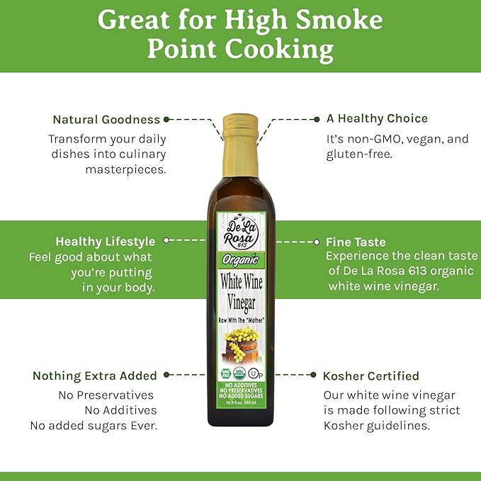 De La Rosa White Wine Vinegar, Raw & Unfiltered, with the “Mother”, Kosher for Passover, Vegan, Non-GMO & Gluten Free, Great for Salad Dressings, Marinades & More, Organic White Wine Vinegar, 16.9 Oz (Pack of 1)