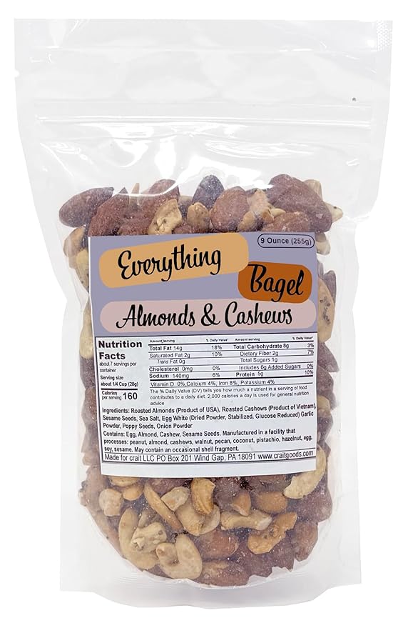 Everything Bagel Cashews and Almonds, Flavored Cashews, Flavored Almonds with Everything Bagel Seasoning 9 Ounce