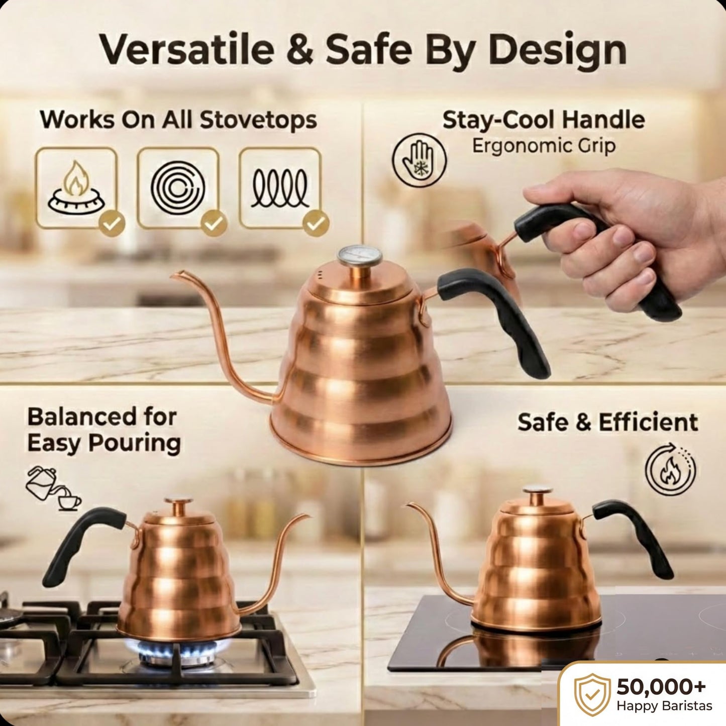 Barista Warrior Gooseneck Kettle with Thermometer - 1.2L Pour Over Coffee & Tea Kettle, Copper