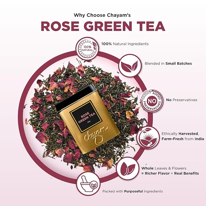 CHAYAM Rose Green Tea - 50g/1.77oz | Premium Floral Tea Tin | Whole Leaf Green Tea and Dried Rose Petals For Healthy Tea | 100% Natural Ingredients with No Sugar & Zero Calories - Pack of 1
