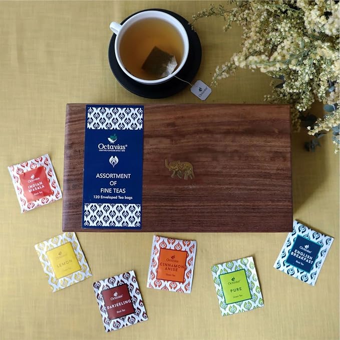 Octavius Gift's Select - Assorted Tea in Wooden Box | 6 Flavors, 120 Tea Bags | Black & Green | Tea Gifts for Women & Men | Pack of 1