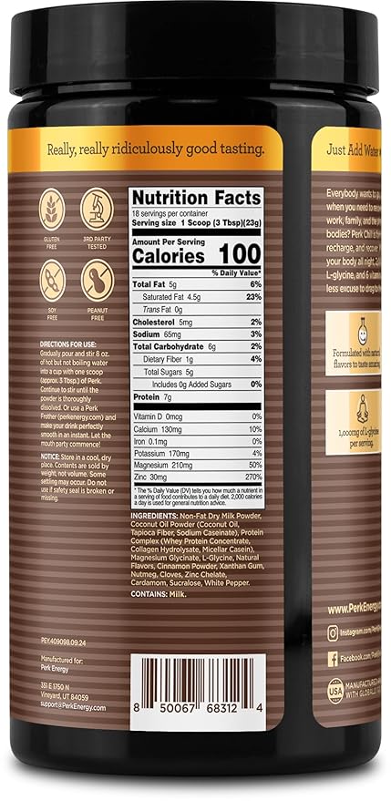 Perk Chill Chai Latte Flavored Drink Mix (18 Servings) - Soy Free & Peanut Free