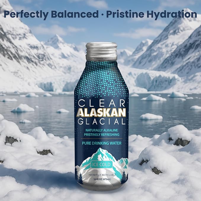 Clear Alaskan Fresh Glacier Water, Naturally Alkaline - Bottled in Aluminum with No Plastic | 16 Fl Oz (473 ml) - Pack of 12 | Natural glacial mineral water, bottled at the source in aluminum bottles
