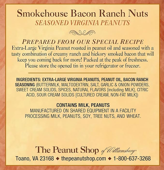The Peanut Shop of Williamsburg Bacon Ranch Seasoned Salted Virginia Peanuts from Williamsburg, Handcooked Peanuts - 10.5 Oz Tin