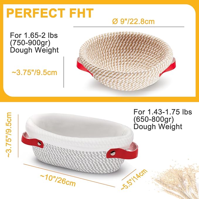 Cotton Rope Banneton Bread Proofing Basket 10 Inch Oval & 9 Inch Round Banneton Basket Set of 4 Sourdough Bread Baking Supplies with Liner & Cover
