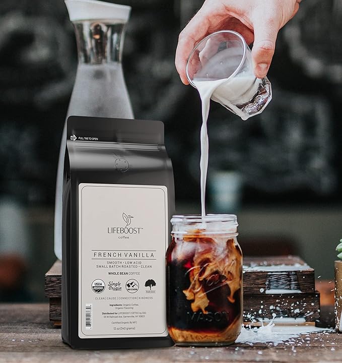 Lifeboost Whole Bean French Vanilla Coffee - Low Acid Single Origin Non-GMO Organic Coffee - Third Party Tested For Mycotoxins & Pesticides - 12 Ounces