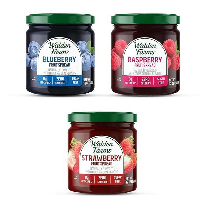 Walden Farms Fruit Spread Variety Pack Blueberry, Raspberry & Strawberry Fruit Flavors – Zero Calorie, Low Carb, Keto-Friendly, Vegan, Sugar-Free – 3-Pack, 12 oz Bottles