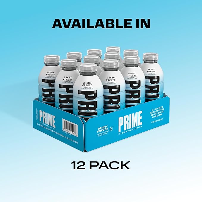 PRIME Hydration BERRY FREEZE, Sports Drinks, Electrolyte Enhanced for Ultimate Hydration, 250mg BCAAs, B Vitamins, Antioxidants, Low Sugar, 16.9 Fl Oz, 12 Pack