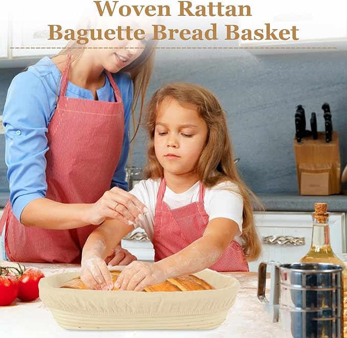 2 PCS 13.8 inch Oval Long Baguette Banneton Brotform Bread Dough Proofing Rattan Basket & Liner for Professional & Home Bakers
