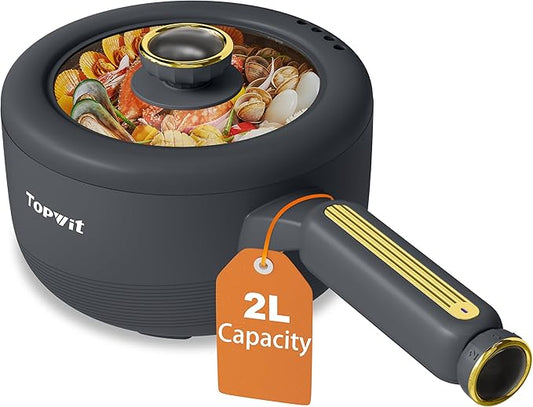 TOPWIT Hot Pot Electric, 2L Electric Pot, Non-Stick Saut챕 Pan, Portable Cooker for Steak, Egg, Fried Rice, Ramen, Soup with Dual Power Control (Silicone Spatula Included), Grey