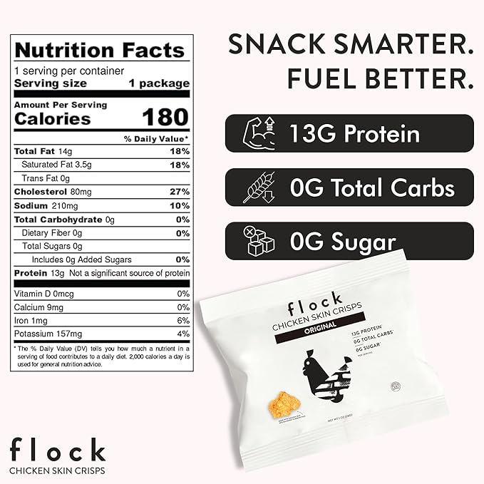 Flock Keto Chicken Skin Chips ??Original Flavor, Low Carb, High Protein, Gluten-Free Chicken Crisps, Keto Snack, Low Carb Chips, Protein Crackers, Diet Snacks, 8-Pack (1oz)