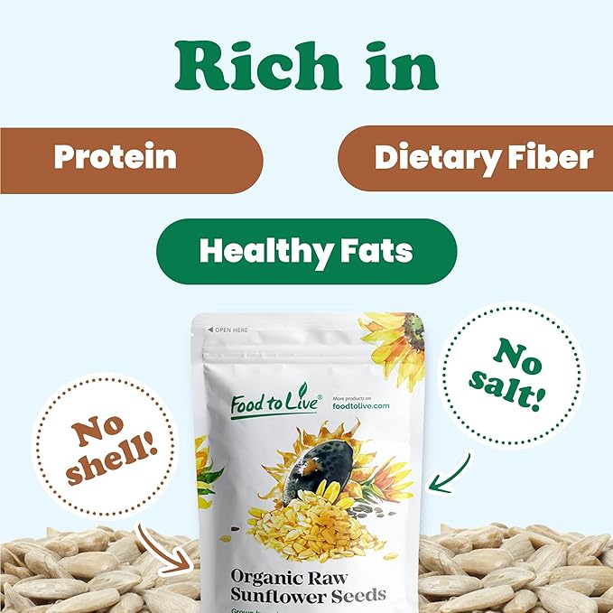 Food to Live - Organic Sunflower Seeds, 1 Pound - Hulled, Raw, Non-GMO, Dried Kernels, Unsalted, Kosher, Vegan, Keto, Paleo, Sirtfood, Bulk