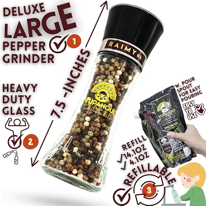 Rainbow Peppercorns Whole Rainbow Peppercorn Grinder - Organic Peppercorn Medley Grinder with 7 YUPANQUI Mixed Peppercorns Whole - Pepper with Grinder