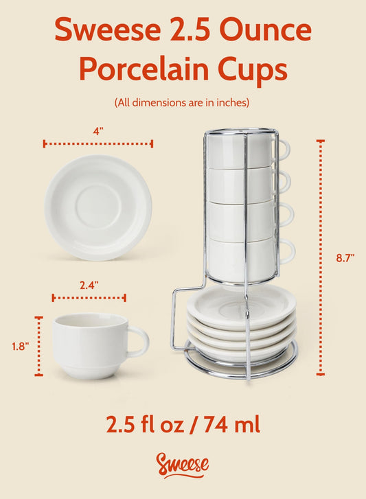 Sweese 2.5 Ounce Porcelain Stackable Espresso Cups with Saucers and Metal Stand Set of 4, White