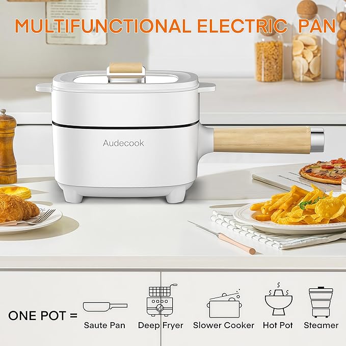 Audecook Hot Pot Electric 2L, Cermic Glaze Non-Stick Frying Pan 8 Inch, Portable Travel Cooker for Ramen/Steak/Fried Rice/Oatmeal/Soup, with Dual Power Control (Silicone Spatula Included)