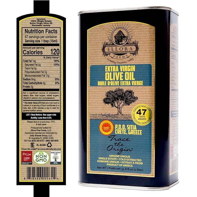 Ellora Farms, Certified PDO Extra Virgin Olive Oil, Single Estate, Single Origin, Single Variety, Cold Press & Traceable Olive Oil, Crete, Greece, Kosher SITIA 33.8 Fl Oz (Pack of 2)