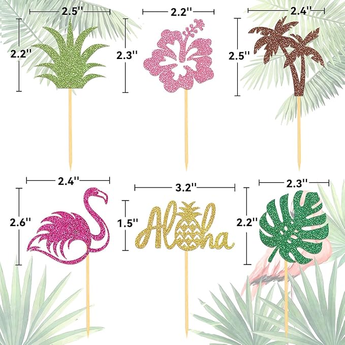 24Pcs Tropical Cupcake Toppers, Luau Cake Topper Aloha Cupcake Picks Pineapple Flamingo Cupcake Decorations for Hawaiian Luau Theme Baby Shower Birthday Party Supplies (Aloha A)