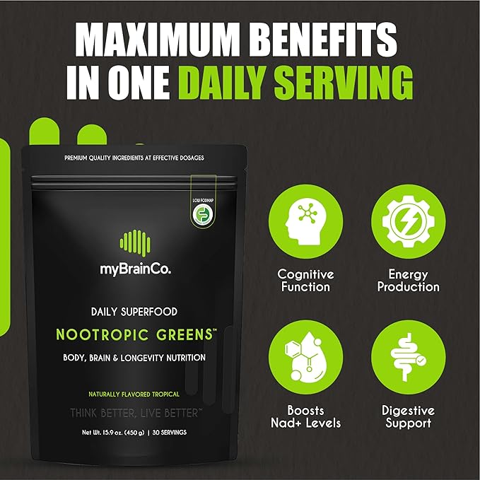 Nootropic Greens - Premium All-in-One Body, Brain & Longevity Optimization Nutrition. Organic Greens & Superfoods, Alpha-GPC, L-Theanine, Lion?™s Mane, TMG, NR, NAC & More. (15.9 oz)