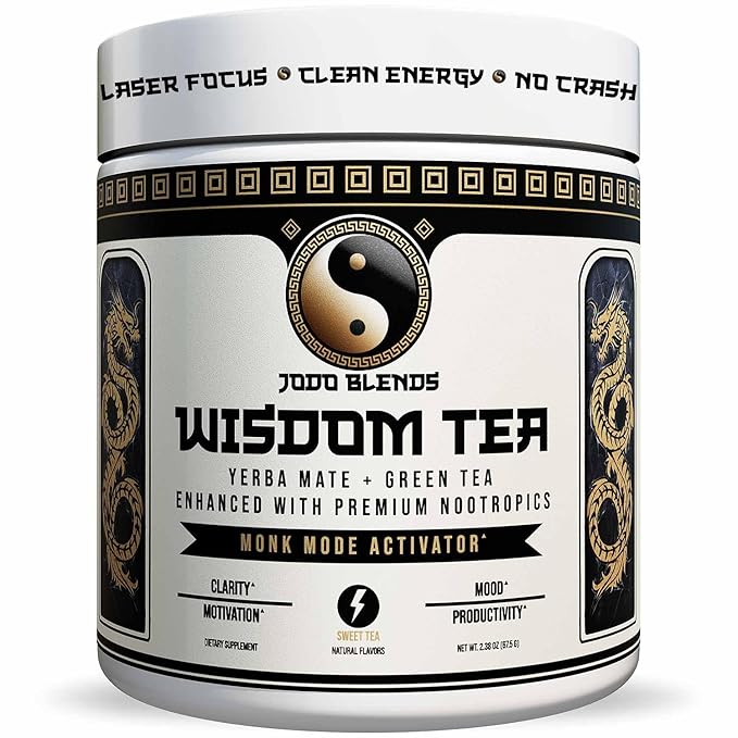 Yerba Mate Brain Tea Powder for Men - Daily Nootropic Drink for Clean Energy, Focus & Mood Support | Powered by Citicoline, L-Theanine, L-Tyrosine & Lion?™s Mane | Wisdom Tea - Sweet Tea - 30 Servings