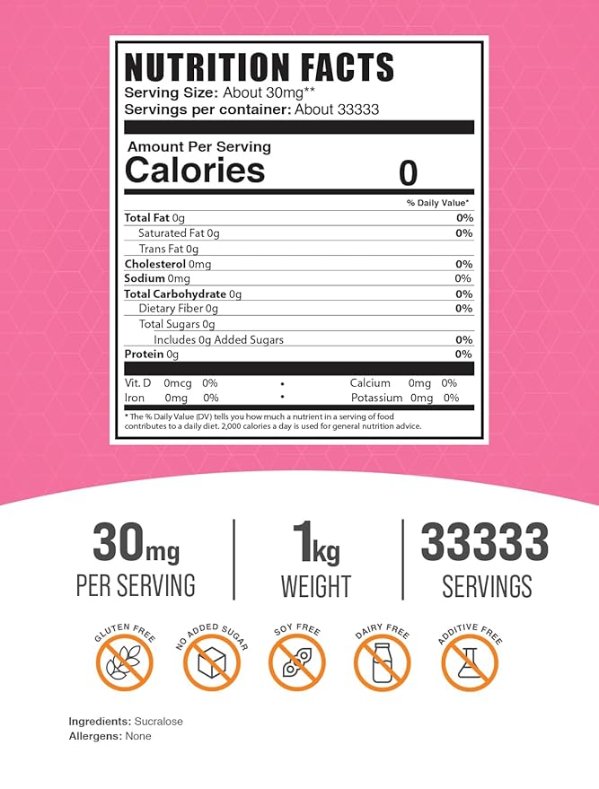 BulkSupplements.com Sucralose Powder - Sucralose Sweetener, Sugar Substitute for Baking - Zero Calorie Sweetener - Pure & Gluten Free, 30mg per Serving, 1kg (2.2 lbs) (Pack of 1)