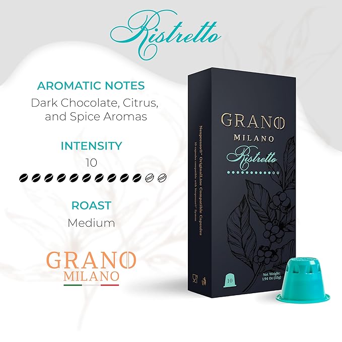 Grano Milano Ristretto - 50 Espresso Pods Compatible with Nespresso Original line, Medium Roast - Intensity 10/12, Espresso Coffee Capsules Made in Italy