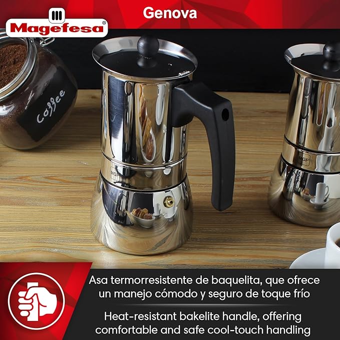 MAGEFESA Genova Stovetop Espresso Maker, 6 Cups/10 oz, 18/10 Stainless Steel Moka Pot, Italian Greca Coffee Maker, Suitable for Induction