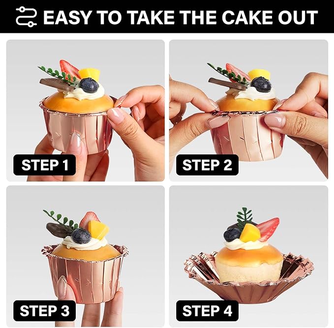 EUSOAR Cupcake Liners, 200pcs 3.5oz Disposable Ramekins Muffin Dessert Containers, Aluminum Foil Wrappers Paper Cupcake Liners Mini Cheesecakes Cups Holder for Birthday Wedding Party-Rose Gold