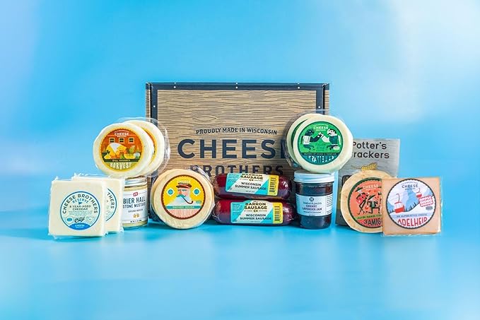 Cheese Bros. Deluxe Charcuterie Gift Box | Fresh from Wisconsin | Includes Dill Havarti, Smoked Gouda, Fratello, Adelheid, 8-Year Aged Cheddar, Summer Sausage, Jam, Mustard | Great Food Gifting Idea