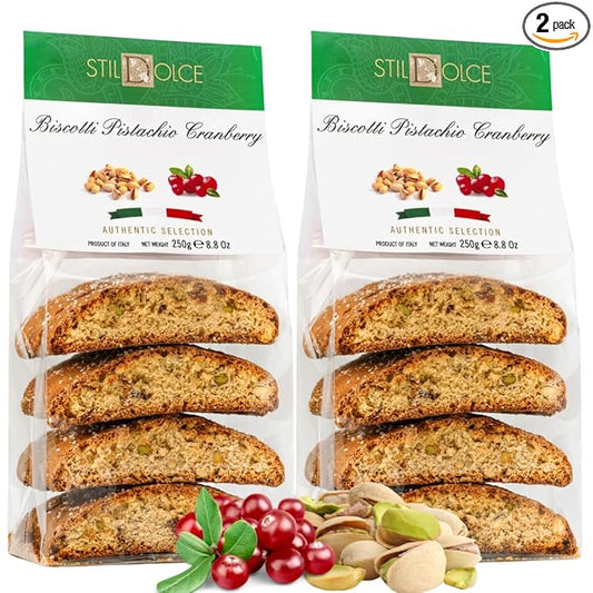 Stildolce Semi-Soft Pistachio and Cranberry Italian Biscotti Cookies| Made in Tuscany, Italy| Classic Gourmet Biscuits No Preservatives 8.8 Oz, Pack of 2