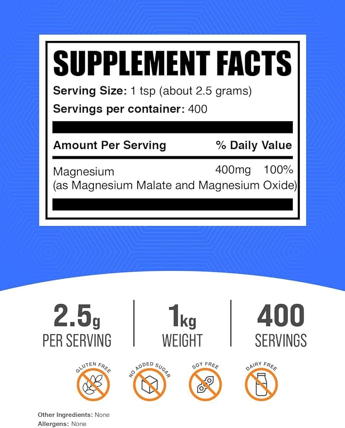 BulkSupplements.com Magnesium Malate Powder - Magnesium Supplements, High Bioavailabilty - Unflavored & Gluten Free, 2.5g per Serving, 1kg (2.2 lbs) (Pack of 1)