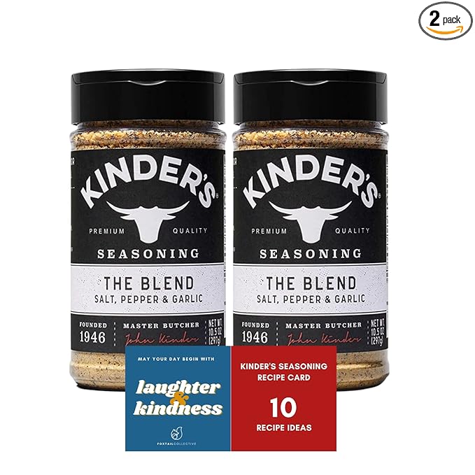 Kinders The Blend Seasonings Bundle - Two XL 10.5-ounce Bottles + 10 Recipe Ideas + Fridge Decal, Great for Grilling Meats & More (Garlic Salt, Pepper, No MSG) from FOXTAIL COLLECTIVE. Gluten-Free & Non-GMO