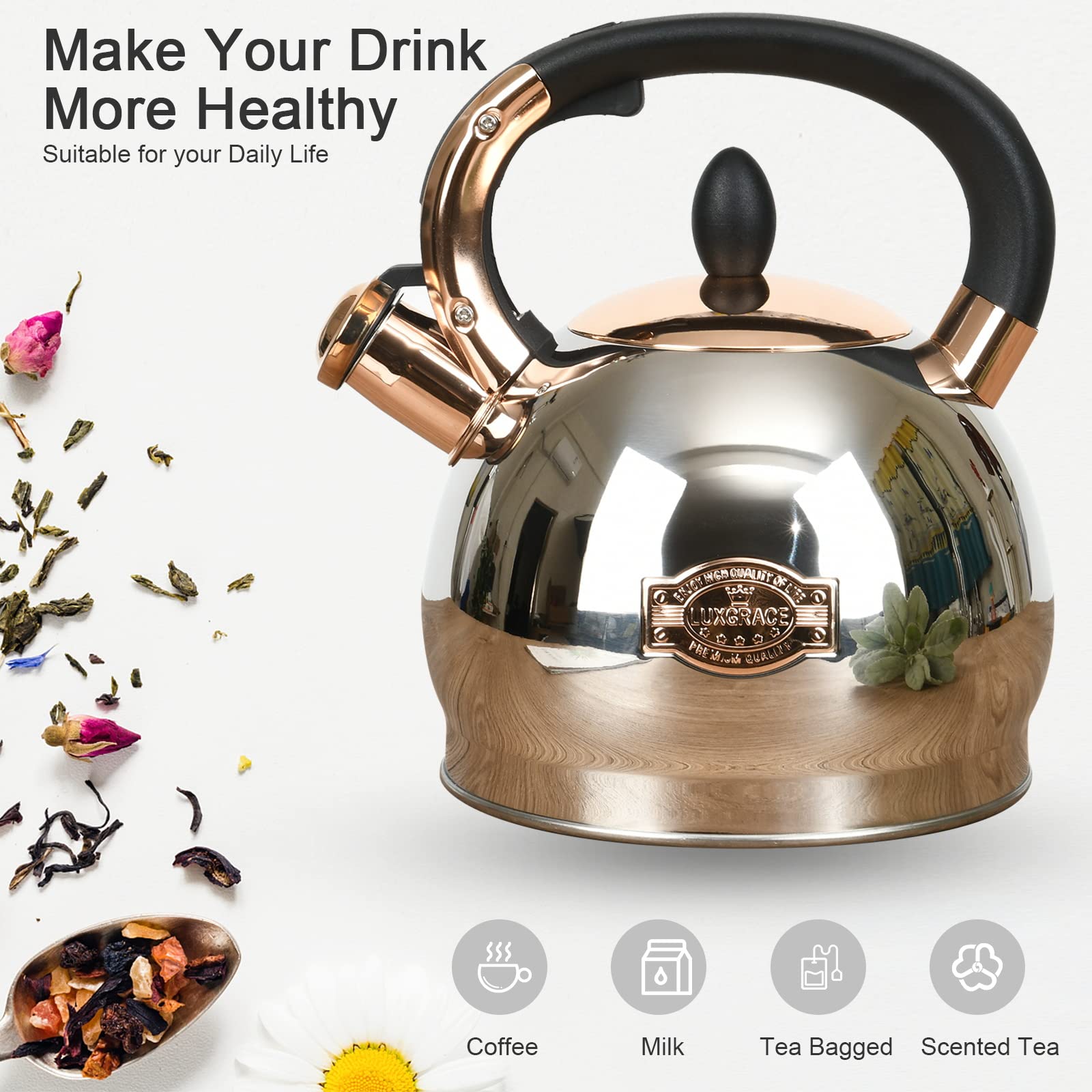 Stainless Steel Whistling Tea Kettle with Metal Capsulated Bottom for Quick Heat Distribution 2.8