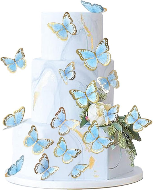 30pcs Blue Gold Edge Mixed Size Lively 3D Waterproof Butterfly Cupcake Topper for Girls Women's Happy Birthday Wedding Party Cake Wall Party Food Decorations