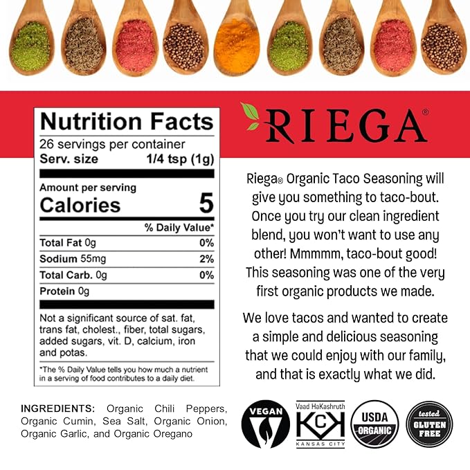Riega Organic Taco Seasoning, Perfect Tex Mex Spice Mix for Taco Tuesday and Chili 0.9 Ounce (Pack of 8)