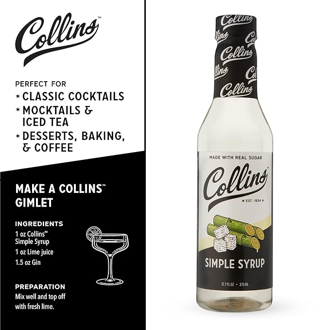Collins Simple Syrup, Classic Simple Syrup, Soda Water Flavors for cocktails, Old Fashioned Syrup, 12.7 Ounces, Set of 1