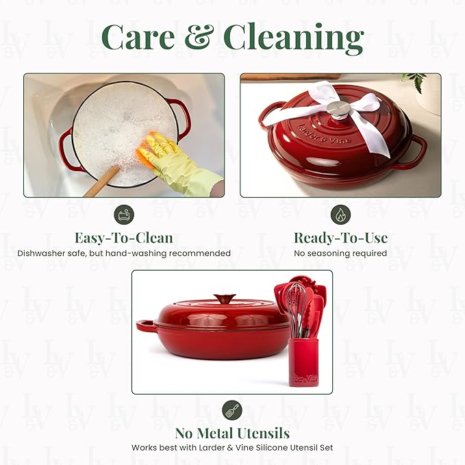 Larder & Vine Enameled Cast Iron Braiser | 3.6 qt Braiser Pan with Lid | Shallow Dutch Oven Compatible on All Cooktops | Casserole Dish Oven Safe to 500ì§?F | Dual Handles | Cabernet