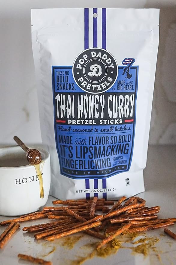Pop Daddy Flavored Pretzels Sticks, Healthy Gourmet Pretzels Snacks, 7.5oz Individual Bags, 3 Pack, Thai Honey Curry