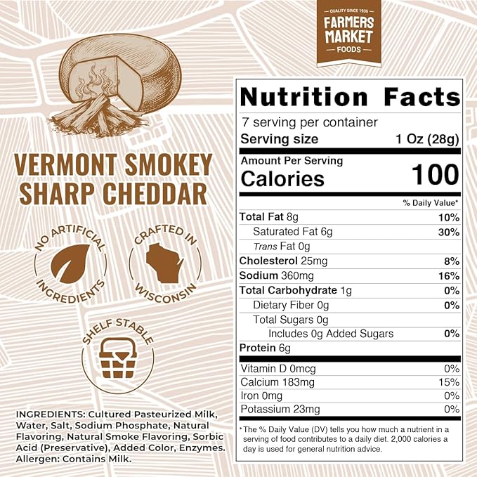 Farmers Market, Gluten Free, Keto, Paleo, Low Sodium, Zero Sugar, Wisconsin Cheese Gift Sets, 3-Pack, Vermont Smokey Sharp Cheddar