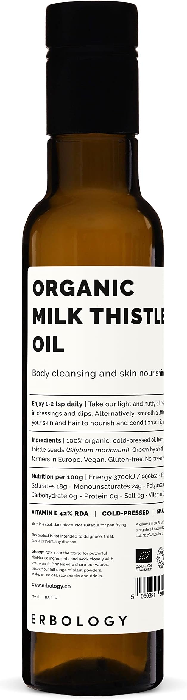 Erbology Organic Milk Thistle Oil 8.5 fl oz - Cold-Pressed - High in Vitamin E - Detoxifying - Straight from Farm - Non GMO - No Additives or Preservatives - Recyclable Glass Bottle